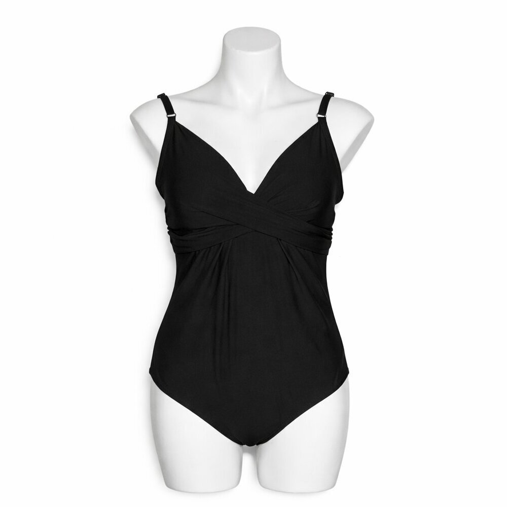 Calvin Klein Black V-Neck Faux Wrap One-Piece Swimsuit | Size 16 Beach Vacation